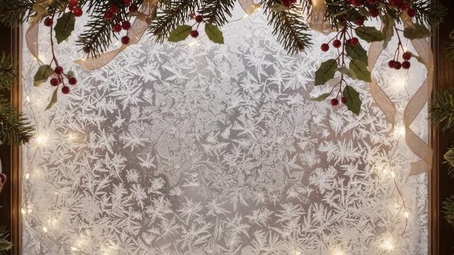 frosted window frame decorated with lush evergreen garland, glowing fairy lights, red berries and ribbons. cozy christmas eve atmosphere. winter holiday greeting card, festive backdrop.