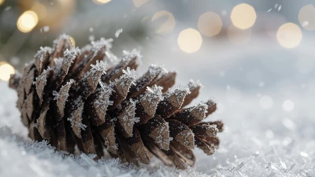 brown pine cone lying on sparkling frost and crystalline snow with glowing bokeh lights. falling snowflakes during winter season. nature background, holiday greeting card