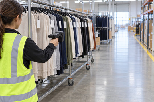 Worker counting tagged garments with RFID reader