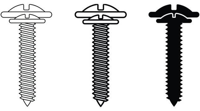 Steel screw fastener icon set with sharp threading and phillips head for industrial assembly projects isolated on transparent background.