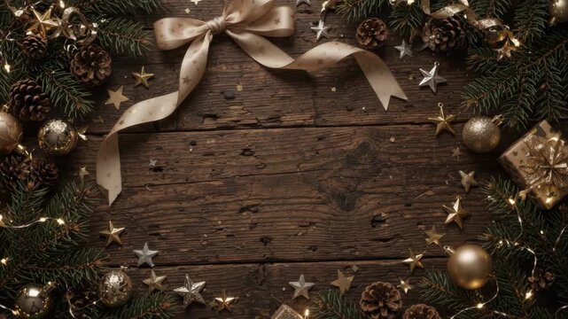 christmas rustic background with empty copy space on dark wooden board framed by pine branches, golden ribbon, baubles, and stars. festive holiday greeting card