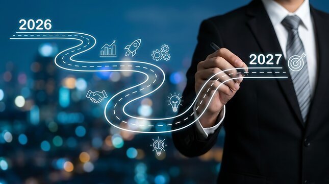 Professional man charting strategic path with bright luminous timeline on dark background illustrating corporate development from year 2026 to year 2027 concept.