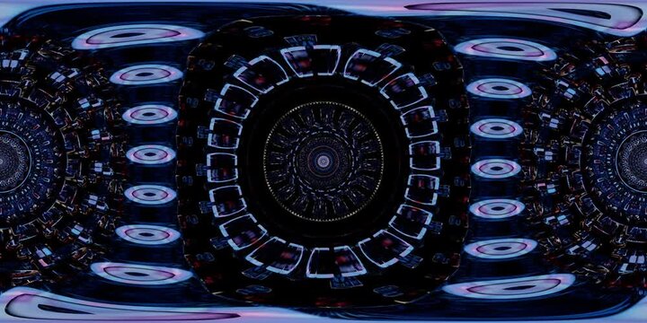 Cosmic VR 360 mandala with sacred geometry in an equirectangular environment map, designed as a spiritual loop for dome projection, metaverse immersion, VJ art and HDRI spherical map
