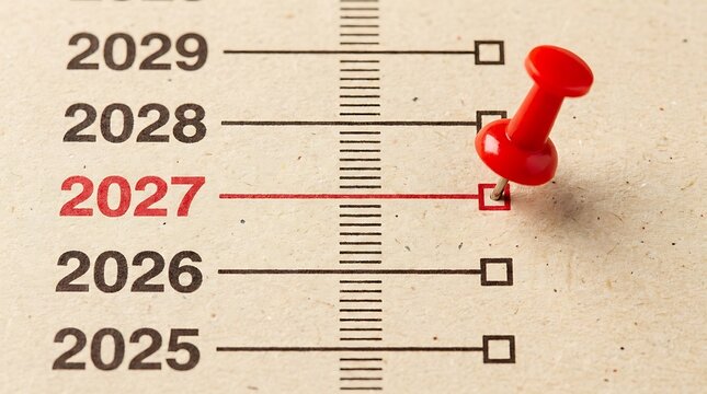 Red tack pointing to year 2027 on line list with empty checkboxes represents corporate goal setting and vision mapping for upcoming financial season.