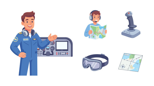Flat Illustration of Pilot Explaining Flight Controls and Navigation Tools