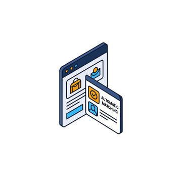 Isometric matching window displaying item icons and automatic product correlation features for online stores.