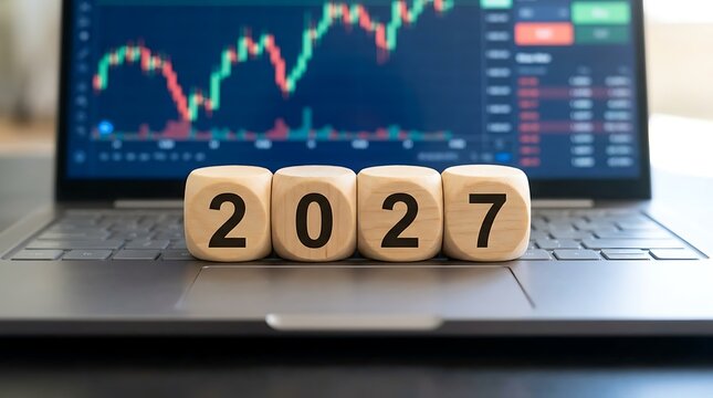 Wooden blocks spelling 2027 are placed on a laptop keyboard with a blurred stock market graph in background representing financial future planning and investment growth.