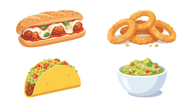 Flat Illustration Set of Fast Food Items Including Tacos, Nachos, Hot Dog, and Onion Rings
