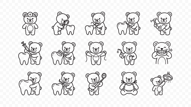 flat vector illustration line art icon bundle set design dentist dental clinic teddy bear doctor tooth care health hygiene medical checkup brushing teeth