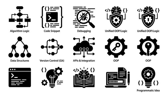 Professional programming and software development concept icons for coding and data structure with programming software development structure algorithm computer security encryption engineering