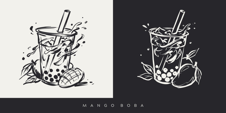 Black and white hand drawn mango bubble tea sketch with fruit and splash