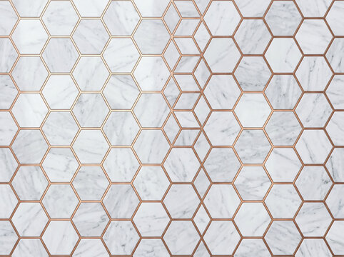 Elegant white marble background with a geometric rose gold honeycomb pattern.
