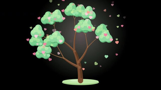 Animated tree growth cycle with heart leaves on black background