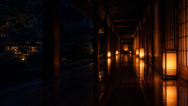 Luxury Japanese Ryokan Engawa Corridor at Night with Warm Andon Lanterns