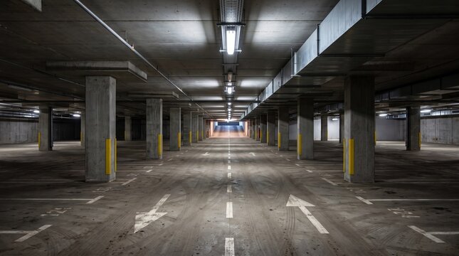 Underground parking garage interior with concrete pillars overhead ventilation pipes glowing fluorescent lights and directional arrows