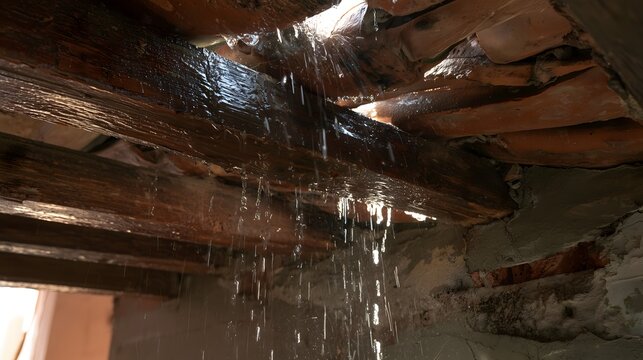 Water leaking from damaged roof and wooden beams inside a house