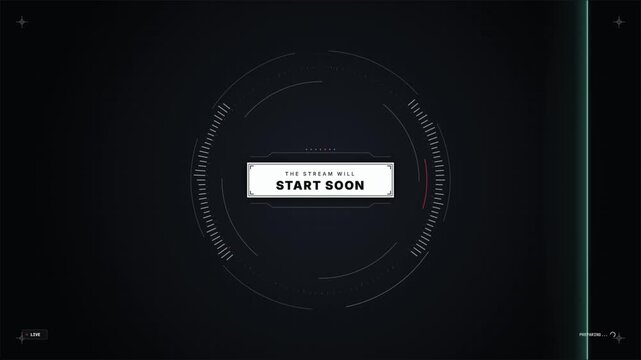 Futuristic live stream waiting screen with digital circular interface and text overlay on a dark background