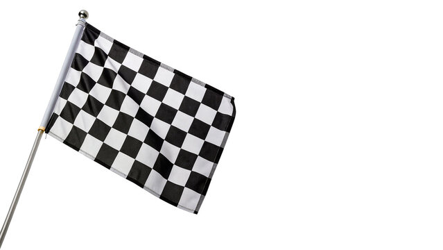 Single black and white checkered racing flag waving isolated on transparent background