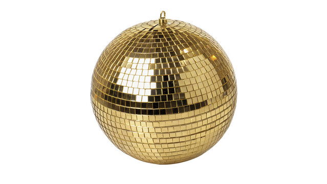 Shiny metallic golden disco mirror ball decoration isolated on transparent background