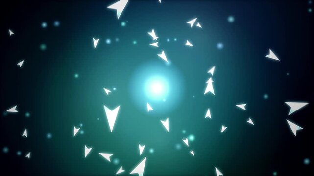 Futuristic abstract background with glowing blue light orb and flying paper airplane shapes floating forward