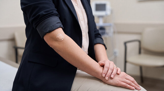 Patient with an adhesive bandage on arm after medical examination in clinic, receiving care and treatment