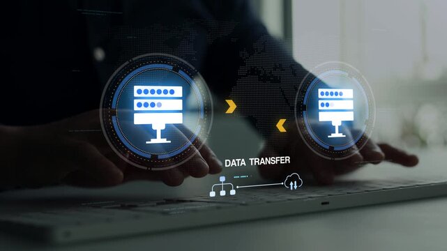 Global cloud data transfer and cybersecurity concept with secure servers, digital information, network connections, and online data protection.

