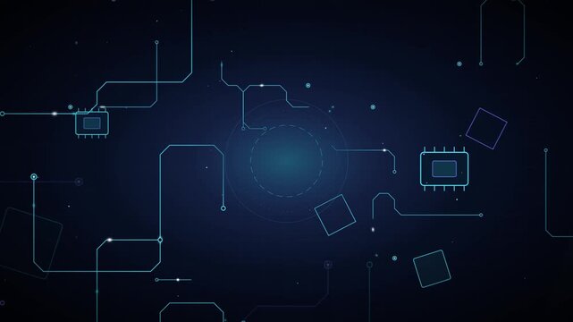 Futuristic blue circuit board background with glowing microchips and digital network connections