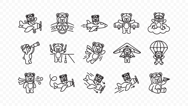 flat vector illustration line art icon bundle set design skydiving parachute skydiver teddy bear flying extreme sports falling adrenaline jump freefall air