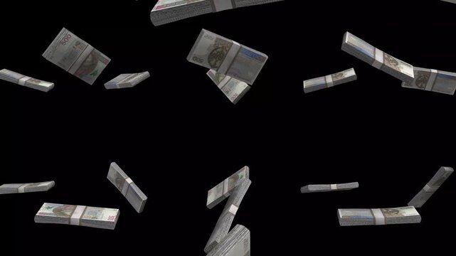 Poland Money, Polish Zloty Banknotes Falling On Black Background, PLN Currency Stacks Dark Cinematic, 4K