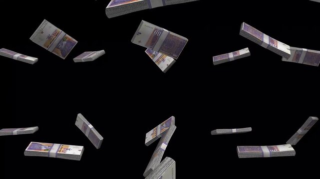North Macedonia Money, Macedonian Denar Banknotes Falling On Black Background, MKD Currency Stacks Dark Cinematic, 4K