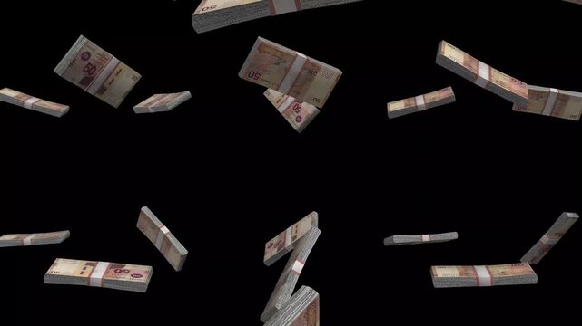 Tunisia Money, Tunisian Dinar Banknotes Falling On Black Background, TND Currency Stacks Dark Cinematic, 4K