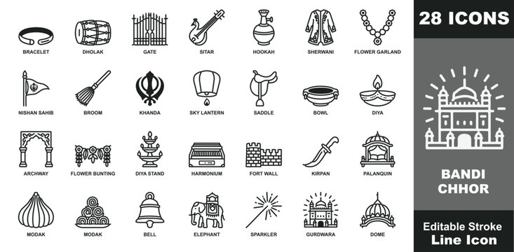 Set of 28 bandi chhor divas festival line icons featuring religious symbols, traditional indian architecture, musical instruments, and offerings