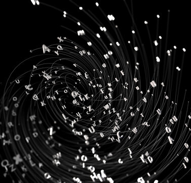  Letras y palabras voladoras que forman un v&oacute;rtice abstracto. Ilustraci&oacute;n 3D. Concepto de literatura y poes&iacute;a; v&oacute;rtice de escritura creativa; tipograf&iacute;a y lenguaje digital.