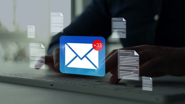 Digital document email concept file sharing, online communication, business messaging, document transfer, and electronic information delivery.