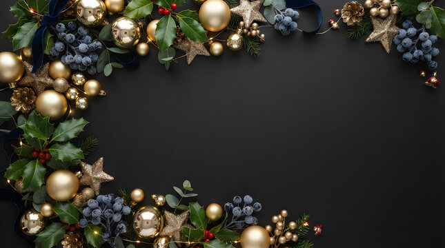 Christmas gold berry frame on black background elegant holiday decorative border for