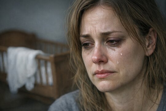 A mother crying beside her child's crib, possibly after an emotional moment or a difficult situation