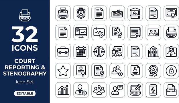 Court reporting and stenography line vector icon set with legal documents, scales, microphones for law office design