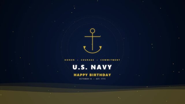 A clean, minimalist vector motion graphic animation celebrating Navy Birthday with gold line-art anchor emblem, animated compass ring, sleek vector waves, and dynamic typography.
