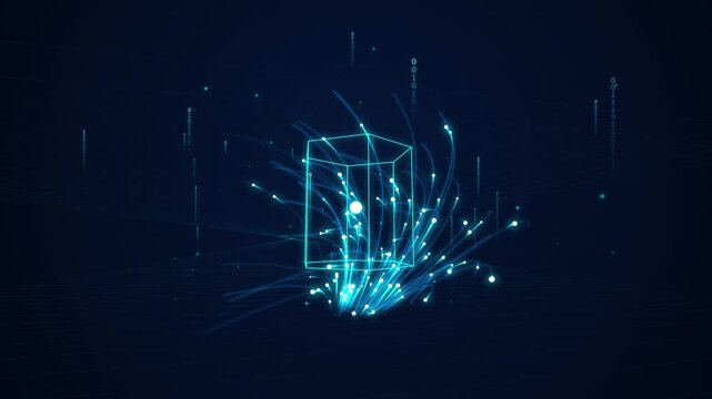 Abstract digital data cube with glowing light particles and binary code streams in a dark blue cyberspace environment