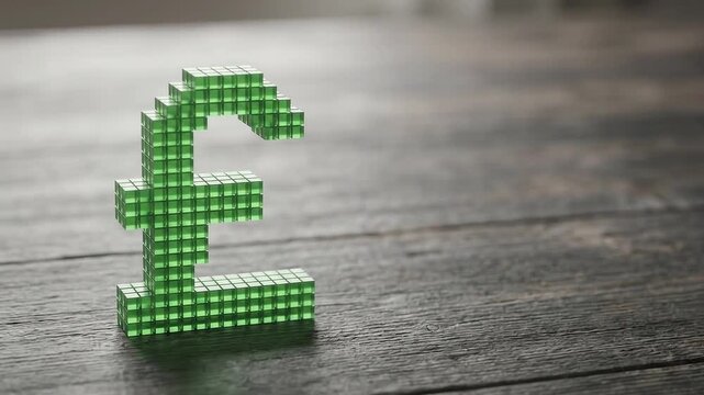 3D pixelated British pound sterling symbol on wooden table