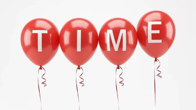 Red balloons spelling time floating against a white background