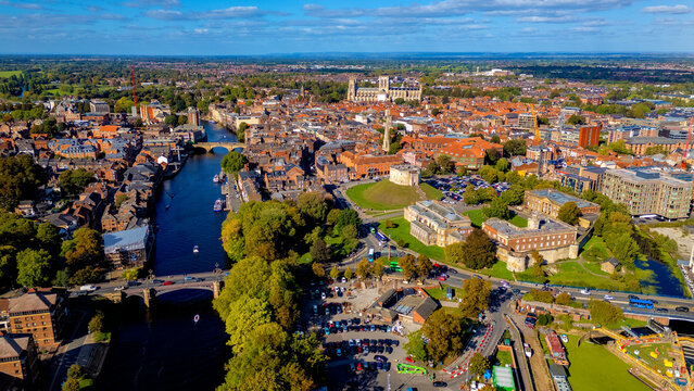 High angle drone panorama of York historic center and Ouse