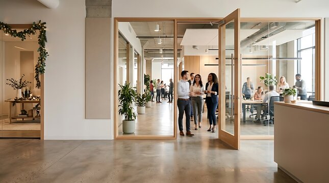 New year business colleagues walking and talking in a modern office