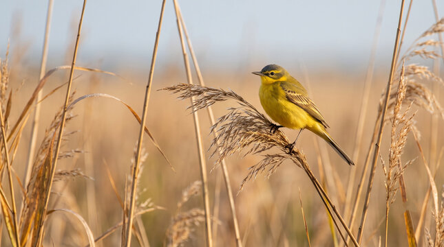 Golden Yellow Songbird Perched on a Feathery Reed in a Sunlit Autumn Wetland