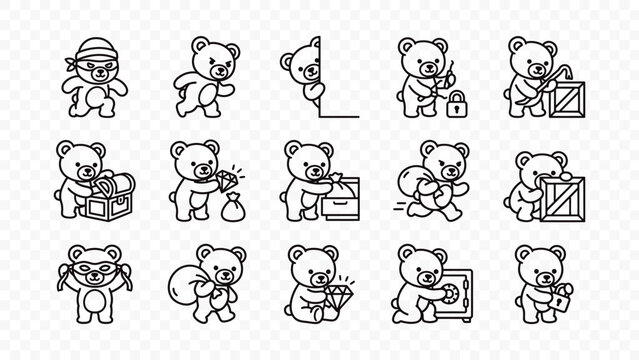 flat vector illustration line art icon bundle set design criminal prisoner teddy bear jail prison arrest crime police law steal thief guilty punishment cell