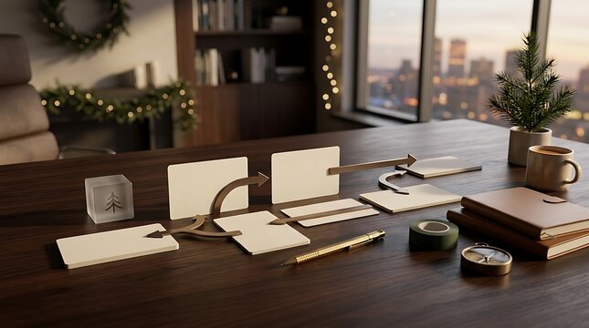 New year business planning flowchart on office desk with warm lighting