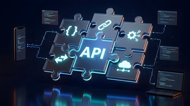 Application programming interface integration concept with glowing API puzzle pieces connecting cloud network and software development tools