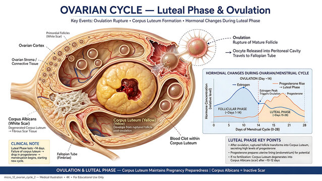 This medical infographic illustrates the "Ovarian Cycle &mdash; Luteal Phase & Ovulation" process, explaining the structure and mechanisms within the ovaries in detail.