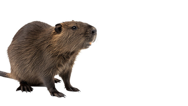 Single wild brown muskrat or beaver animal standing isolated on transparent background