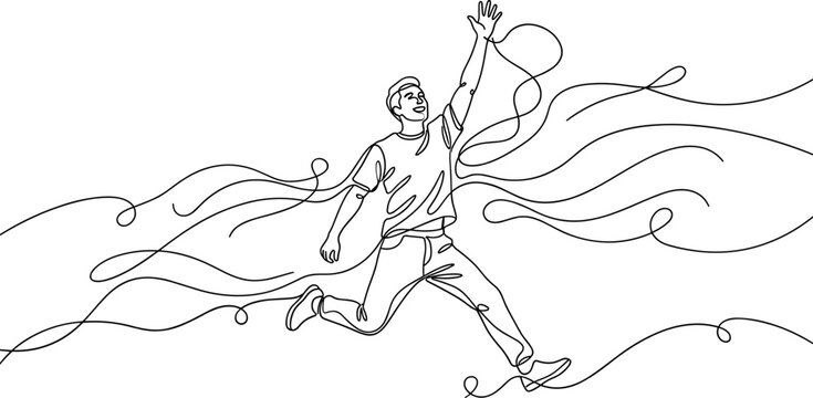 A continuous line art drawing of a dynamic young man leaping upwards with one arm raised high.